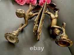 Antique French Pair of Solid Bronze Wall Sconces with Putti Angels