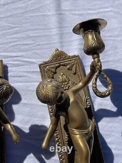 Antique French Pair of Solid Bronze Wall Sconces with Putti Angels