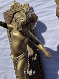 Antique French Pair of Solid Bronze Wall Sconces with Putti Angels