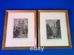 Antique French R. D. De la Broye Etchings 5x7 Hand-Colored Signed Paris Pair