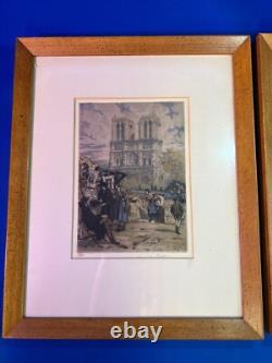 Antique French R. D. De la Broye Etchings 5x7 Hand-Colored Signed Paris Pair