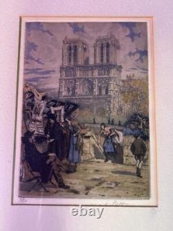 Antique French R. D. De la Broye Etchings 5x7 Hand-Colored Signed Paris Pair
