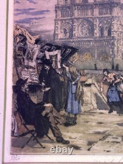 Antique French R. D. De la Broye Etchings 5x7 Hand-Colored Signed Paris Pair