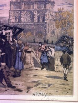 Antique French R. D. De la Broye Etchings 5x7 Hand-Colored Signed Paris Pair
