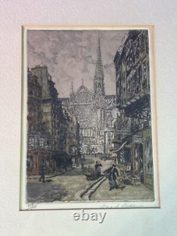 Antique French R. D. De la Broye Etchings 5x7 Hand-Colored Signed Paris Pair
