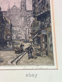 Antique French R. D. De la Broye Etchings 5x7 Hand-Colored Signed Paris Pair