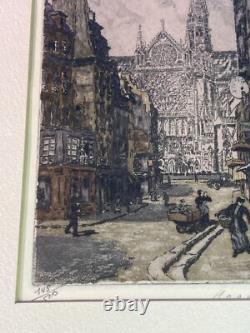 Antique French R. D. De la Broye Etchings 5x7 Hand-Colored Signed Paris Pair
