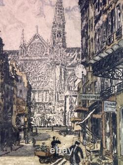 Antique French R. D. De la Broye Etchings 5x7 Hand-Colored Signed Paris Pair