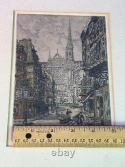 Antique French R. D. De la Broye Etchings 5x7 Hand-Colored Signed Paris Pair
