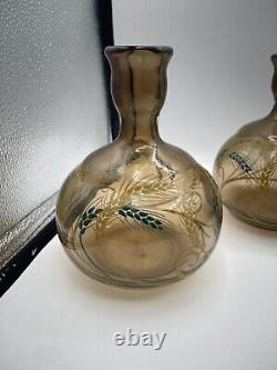 Antique French Schneider Vases Signed (Pair) Enameled