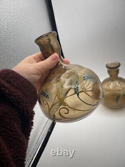 Antique French Schneider Vases Signed (Pair) Enameled