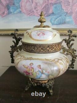 Antique French Sevres Style Porcelain Potpourri Urn Diffuser Vase Couple Signed