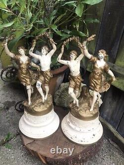 Antique French painted spelter figures 17 lamp bases signed Auguste Moreau pair