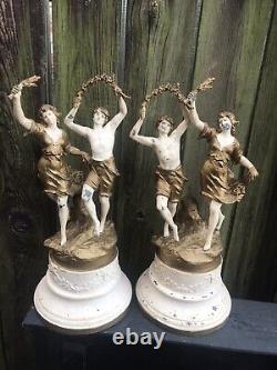 Antique French painted spelter figures 17 lamp bases signed Auguste Moreau pair