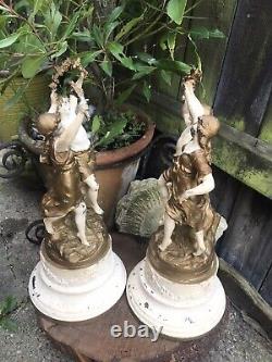 Antique French painted spelter figures 17 lamp bases signed Auguste Moreau pair