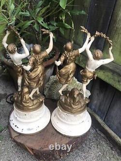 Antique French painted spelter figures 17 lamp bases signed Auguste Moreau pair