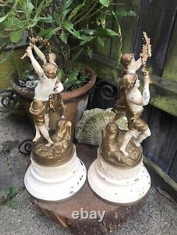 Antique French painted spelter figures 17 lamp bases signed Auguste Moreau pair