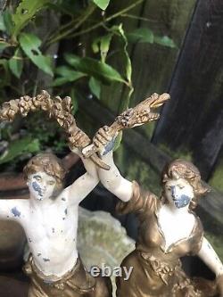 Antique French painted spelter figures 17 lamp bases signed Auguste Moreau pair