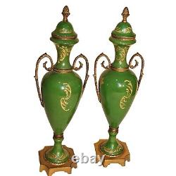 Antique Garnitures, Porcelain and Bronze, Pair, Artist signed, Licar, 14 Ins