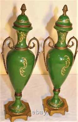 Antique Garnitures, Porcelain and Bronze, Pair, Artist signed, Licar, 14 Ins