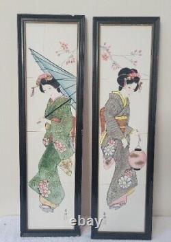 Antique Geisha Paintings On Tiles, Signed Pair