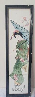 Antique Geisha Paintings On Tiles, Signed Pair