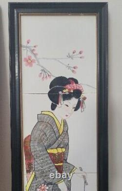Antique Geisha Paintings On Tiles, Signed Pair