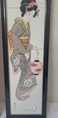 Antique Geisha Paintings On Tiles, Signed Pair