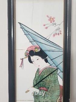 Antique Geisha Paintings On Tiles, Signed Pair