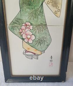 Antique Geisha Paintings On Tiles, Signed Pair