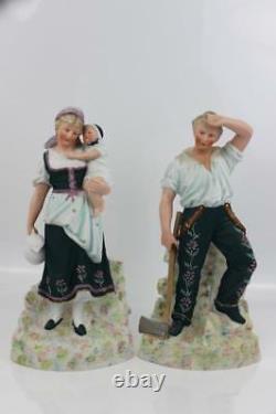Antique German Gebruder Heubach Bisque Porcelain Pair Figurines Signed 32cm High