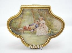 Antique Gilt Brass Jewelry Box Hand Painted Portrait of Couple Signed Stella