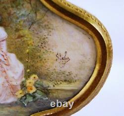 Antique Gilt Brass Jewelry Box Hand Painted Portrait of Couple Signed Stella