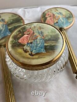 Antique Hand Painted Signed By Artist Colonial Couple Vanity Set Beautiful