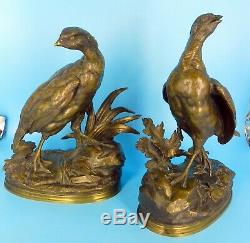 Antique JULES MOIGNIEZ Signed c1870's XL Pair of PHEASANT BRONZE SCULPTURES 12