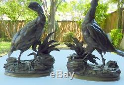 Antique JULES MOIGNIEZ Signed c1870's XL Pair of PHEASANT BRONZE SCULPTURES 12