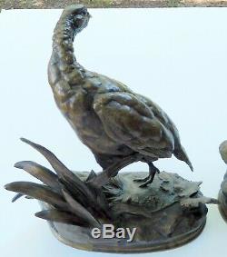 Antique JULES MOIGNIEZ Signed c1870's XL Pair of PHEASANT BRONZE SCULPTURES 12