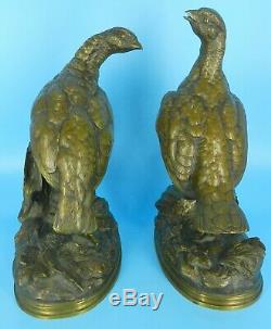 Antique JULES MOIGNIEZ Signed c1870's XL Pair of PHEASANT BRONZE SCULPTURES 12