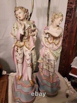 Antique Japan Bisque Courting Couple Figural Lamps 36 MINT Signed 5740/85