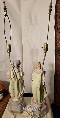 Antique Japan Bisque Courting Couple Figural Lamps 36 MINT Signed 5740/85