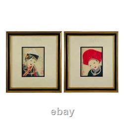 Antique Japanese Asian Women Portrait Etching Print Signed, a Pair