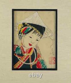 Antique Japanese Asian Women Portrait Etching Print Signed, a Pair