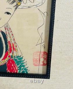 Antique Japanese Asian Women Portrait Etching Print Signed, a Pair