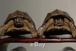 Antique Japanese Bronze Small Pair TRICK Statues/Okimonos, Turtles, Signed