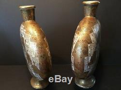 Antique Japanese Large Pair Satsuma Moon Flasks Vases, Meiji period. Signed