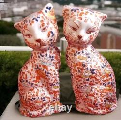 Antique Japanese Made Imari Large Porcelain Cats PAIR Signed Japan Beautiful