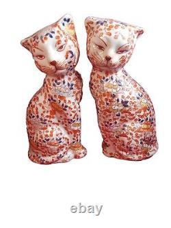 Antique Japanese Made Imari Large Porcelain Cats PAIR Signed Japan Beautiful