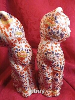 Antique Japanese Made Imari Large Porcelain Cats PAIR Signed Japan Beautiful