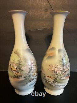 Antique Japanese Pair Of hand-painted vases Signed On Bottom