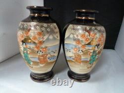 Antique Japanese Pottery SIGNED VASES PAIR SET OF 2 NO DAMAGE